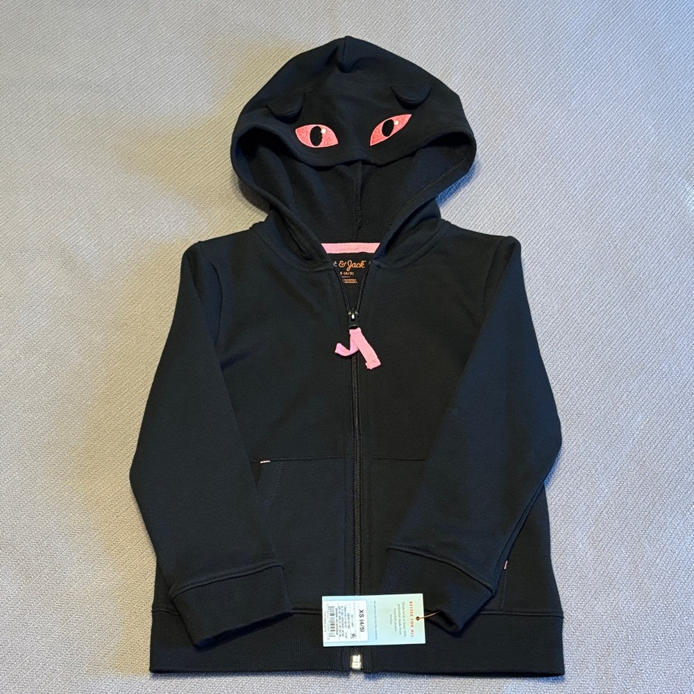 NWT - Cat & Jack Girls Black Cat Hoodie with Pink Eyes - Size XS 4/5